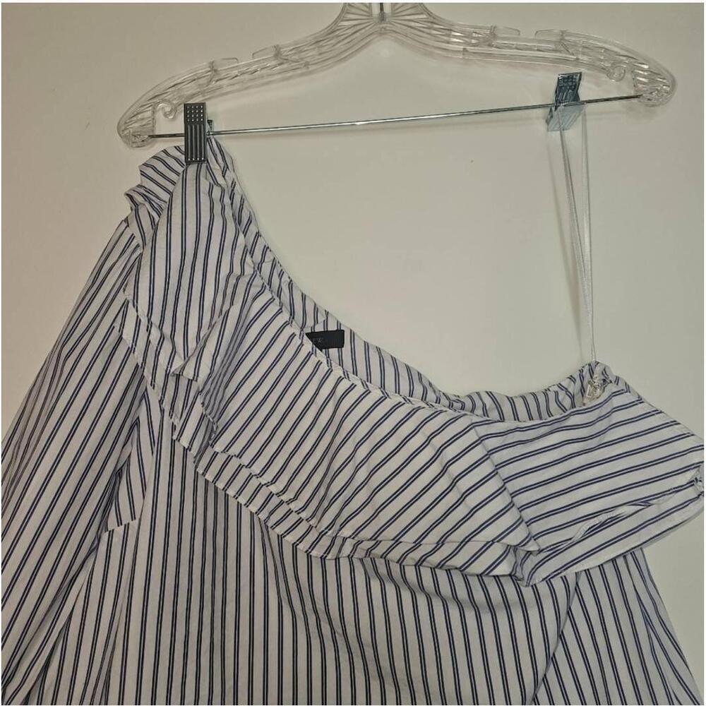 J.Crew Blue White Striped Ruffled One-Shoulder Top Size 12 - Picture 9 of 9